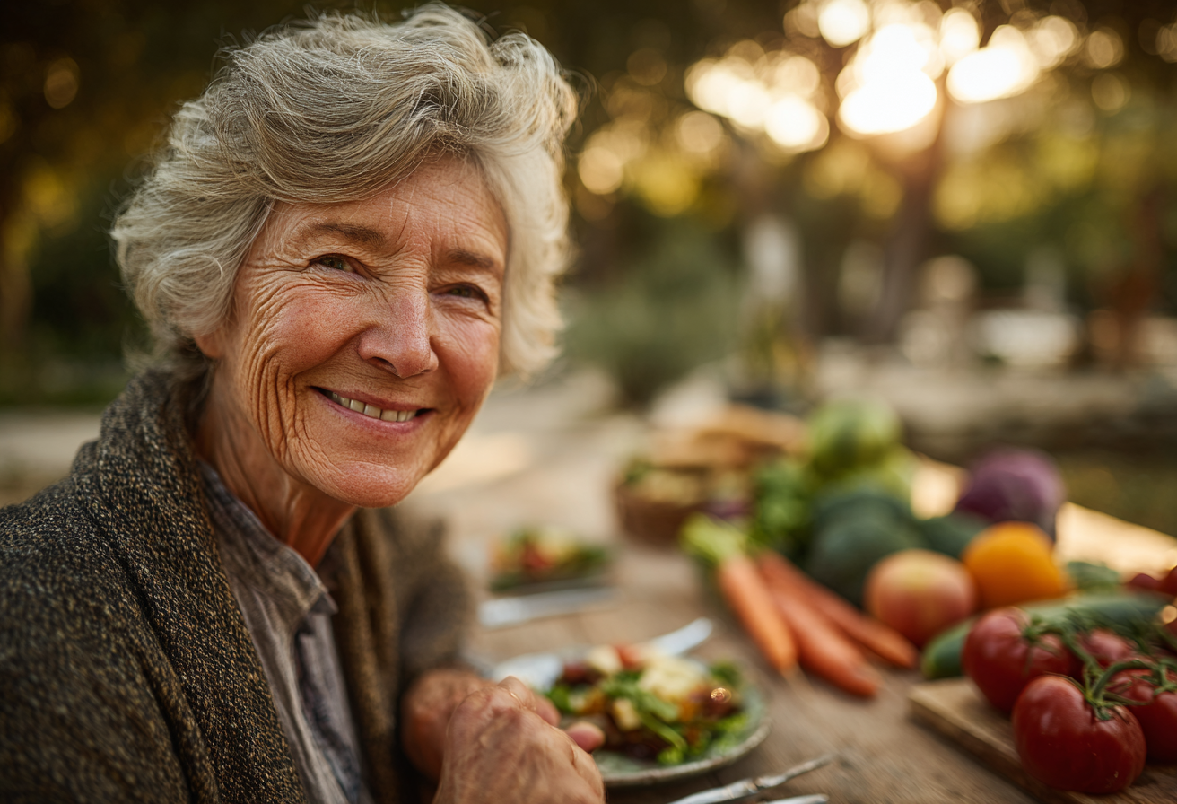 Seniori fericiți la masa cu alimente sănătoase